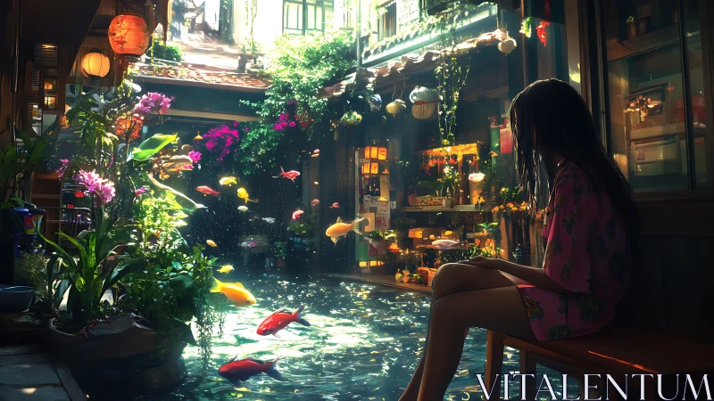 Nocturnal courtyard koi field with volumetric light refractions.