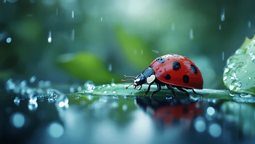 Ladybug on wet green leaf surface during rainfall.
