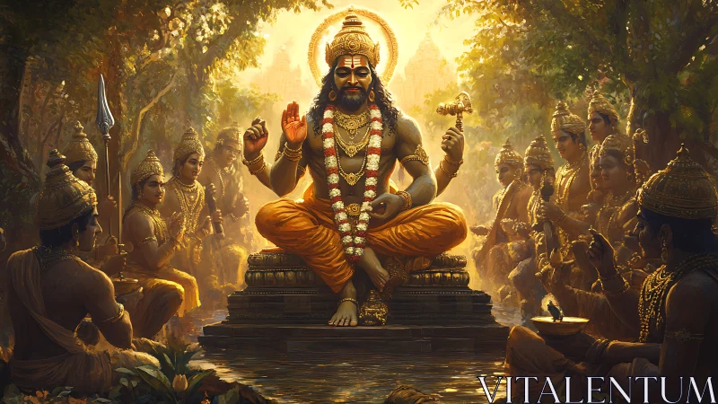 Seated Hindu deity amid golden forest gathering, devotees.