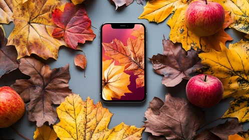 Smartphone with autumn leaf wallpaper among apples and foliage