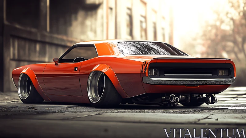 Low-slung orange muscle prowls a foggy industrial backstreet