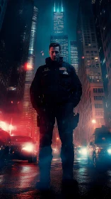 Police officer standing in neon city street at night.