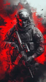 Armored tactical operator in red-contrast smoke field stands poised