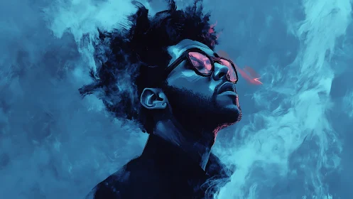 Side profile portrait in blue smoke with reflective glasses.