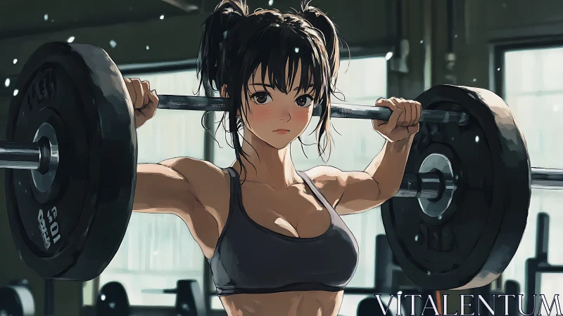 Anime woman lifting barbell in focused gym workout.