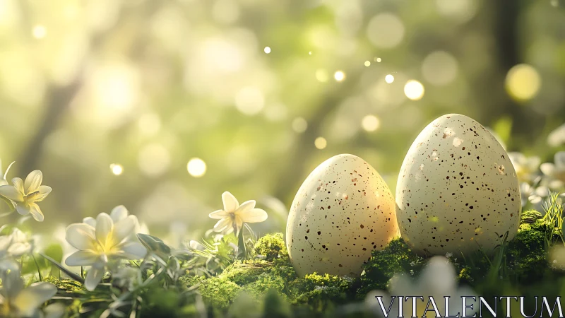 Speckled eggs on moss with white flowers in soft focus.