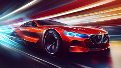 Red BMW sports coupe rendered with motion blur effects.