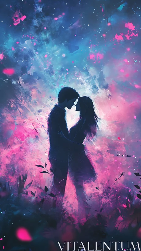 Silhouetted Couple Embracing in Neon Particle Explosion