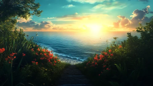Sunlit shore path slipping toward a glowing horizon sea.