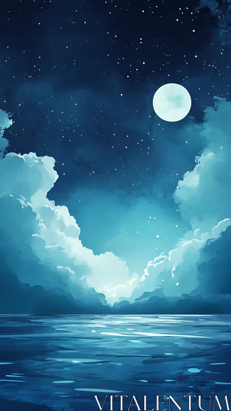 Nocturnal seascape digital painting with lunar focal field.
