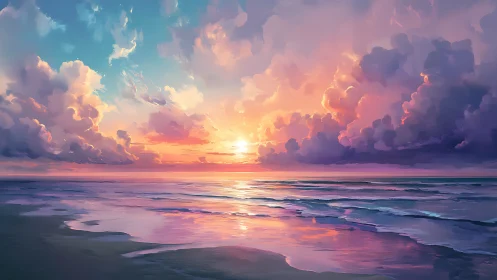 Sunset clouds ignite pastel reflections across tranquil sea.