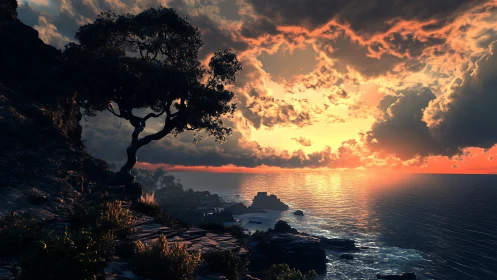 Coastal cliff tree silhouetted against dramatic sunset sky.
