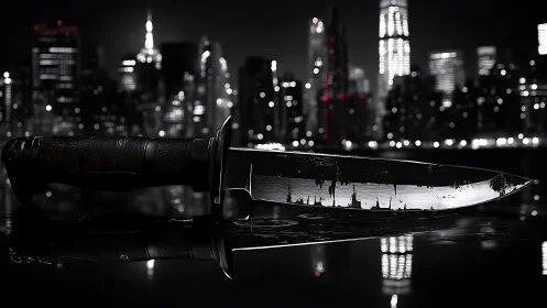 Midnight city knife glimmering against noir skyline drama.