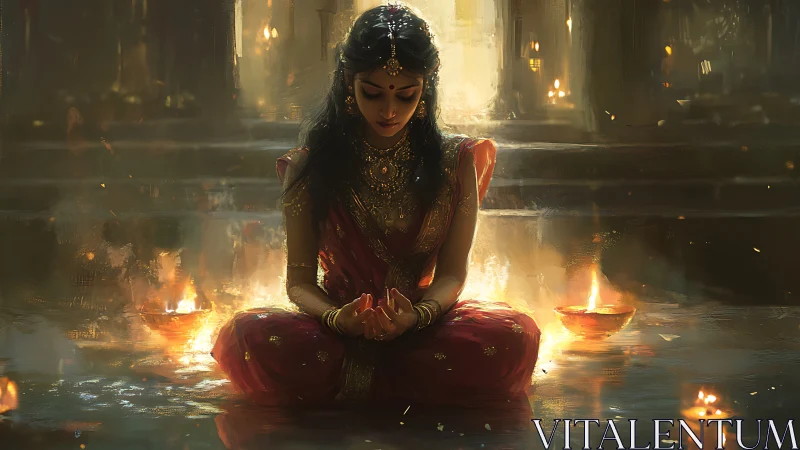 Meditating woman surrounded by ritual diya firelight.