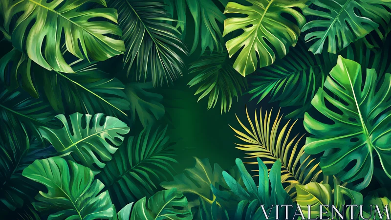 Dense tropical foliage frames central empty green space