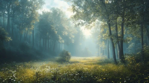 Forest path with sunlight filtering through tall trees and meadow