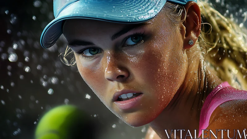 Sweat-drenched tennis player locks focus under stadium lights.