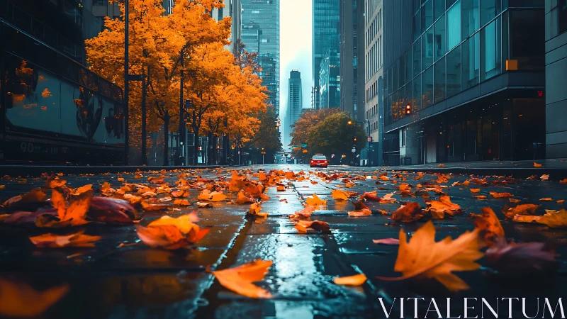 Urban avenue with wet pavement and scattered autumn leaves.