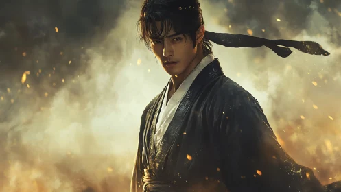 Martial warrior in ember storm with cinematic volumetric lighting.