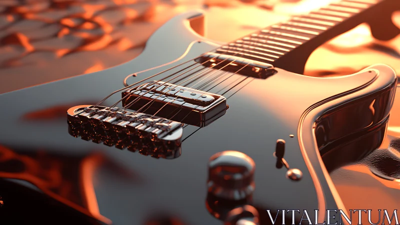 Glossy electric guitar close-up under molten light glow.