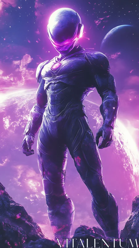 Armored cosmic sentinel with emissive visor in magenta nebula field