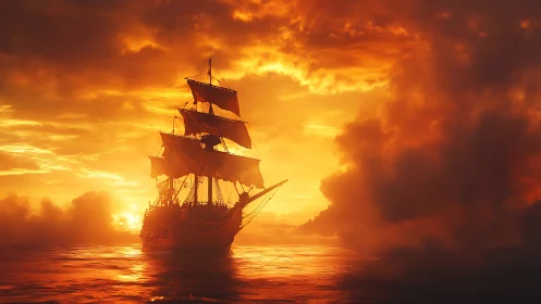Sailing ship silhouette against dense orange sunset sky.