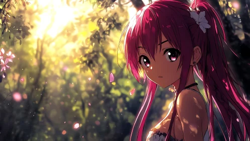 Soft dusk glimmers around a pink haired forest daydreamer.