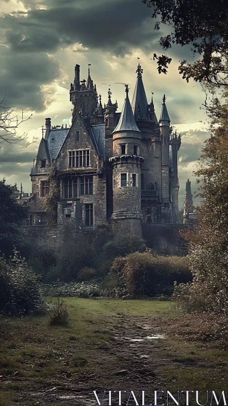Gothic castle under stormy sky with overgrown forest path.