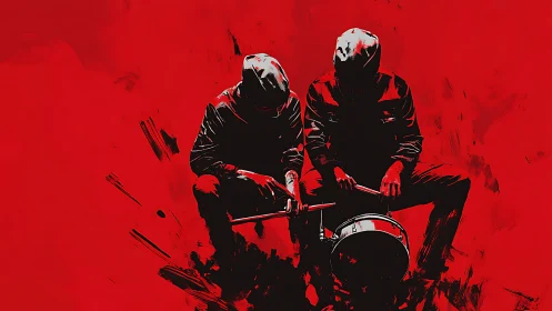 Hooded street drummers in graphic red monotone illustration.