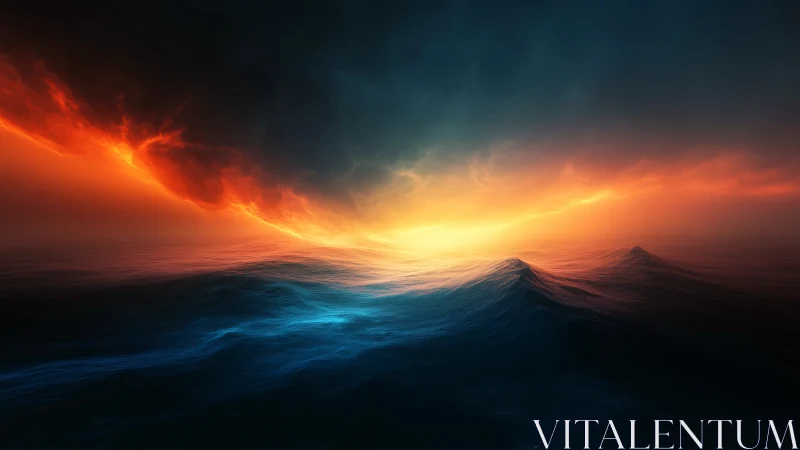 Ocean waves negotiate a burning sky at the horizon’s edge
