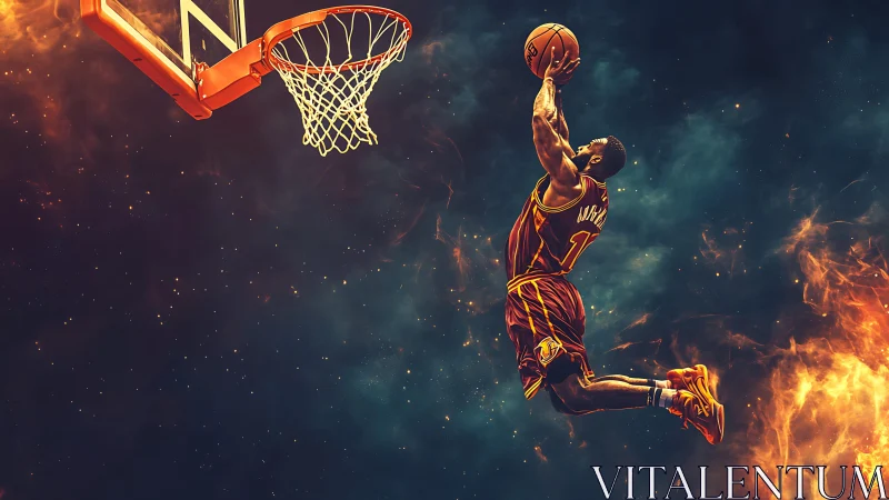 High-fidelity digital painting of explosive basketball slam dunk motion
