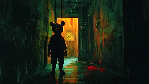 Shadowed mascot figure in a haunting neon-lit hallway.