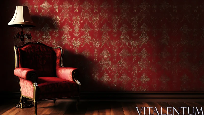Inviting red armchair waits quietly in a warm vintage corner