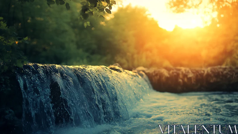 Tranquil Waterfall at Sunset with Soft Warm Light and Lush Greenery.