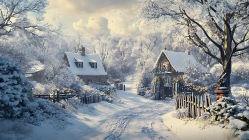 Snow-covered country lane with cozy winter cottages.
