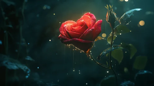 Crimson Rose Gleams Through Twilight Mist