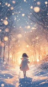 Girl walks through glowing winter forest snowfall at dusk