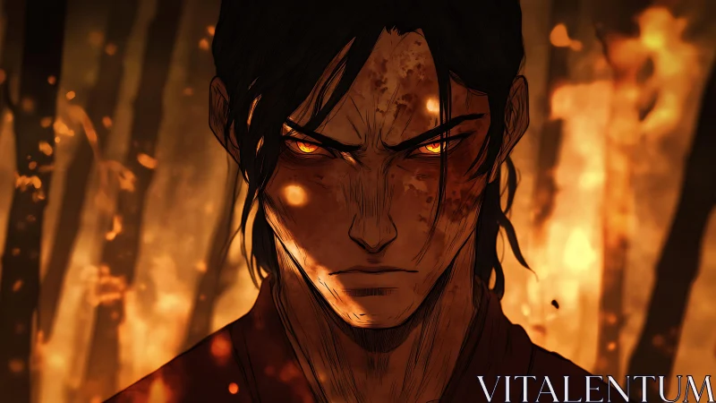 Fierce anime warrior with burning eyes amid forest fire.