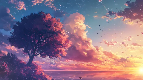 Solitary tree silhouetted against vivid sunset sky.