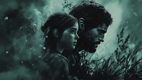 Profile view of two figures in dense atmospheric foliage.