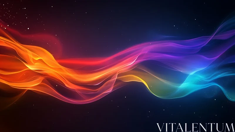 Flowing neon light waves drift through a cosmic night sky.