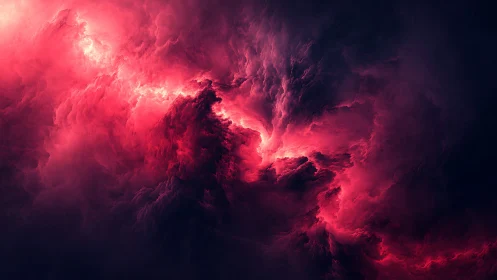 Crimson storm clouds swirl softly through a glowing night sky