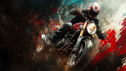 Roaring motorcycle rider carves through bold splashes of color