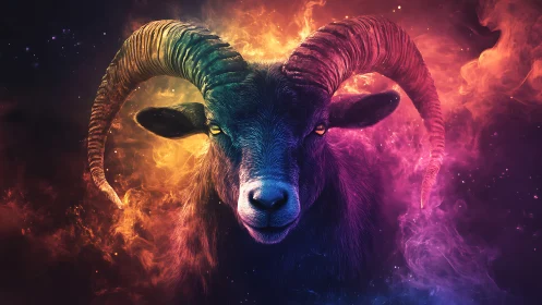 Bighorn ram portrait in neon cosmic nebula color gradients.