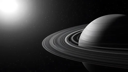 Ringed gas giant drifts in starlit deep space silence.