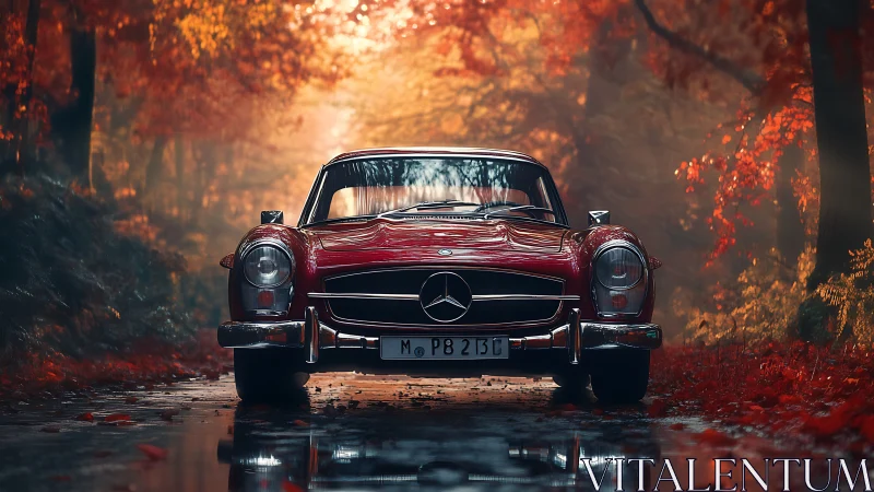 Crimson classic Mercedes glides through a tunnel of ember leaves