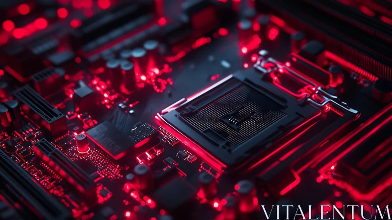 Neon circuitry hums while a lone CPU socket crowns the board