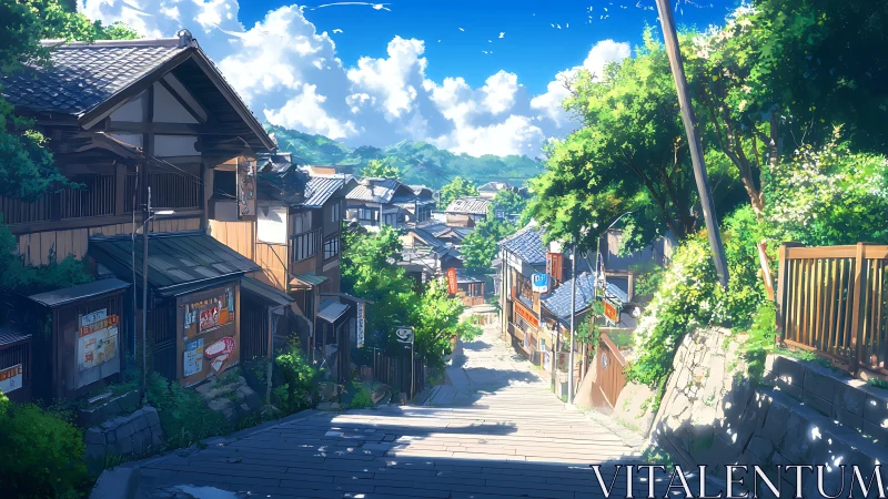 Sunlit hillside street drifts through tranquil Japanese town.