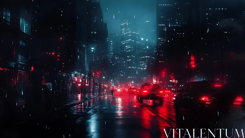 Neon soaked cyberpunk city street under heavy rain at night.