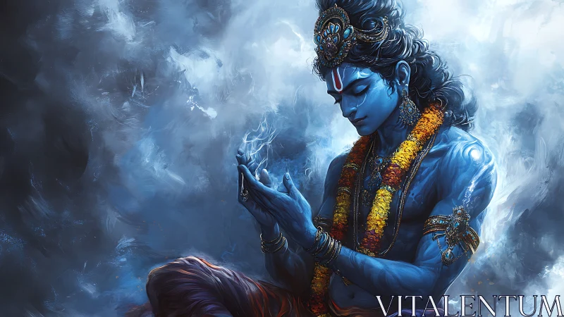 Divine blue deity in meditative power pose digital artwork.